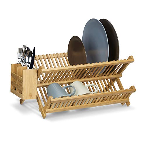 Égouttoir à vaisselle et couverts Relaxdays pliable avec panier à couverts en bois de bambou H x l x P: 24 x 46 x 28 cm