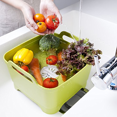 Égouttoir casier vaisselle Umbra en plastique durable vert avec poignées et système d’évacuation d’eau