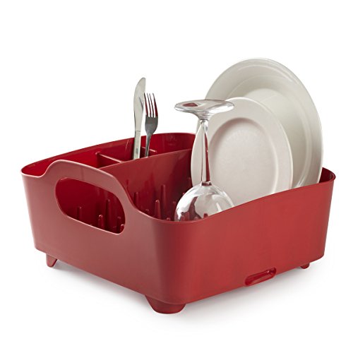 Égouttoir à vaisselle rouge Umbra en plastique durable, avec compartiment couverts et système d’évacuation d’eau