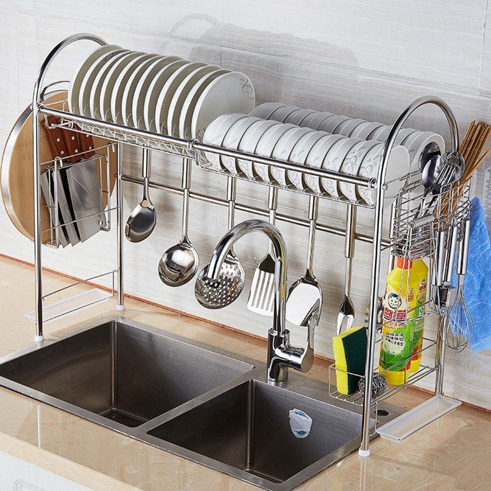 Égouttoir en inox multi-fonction pour ustensiles de cuisine et vaisselle idéalement placé au dessus de l'évier